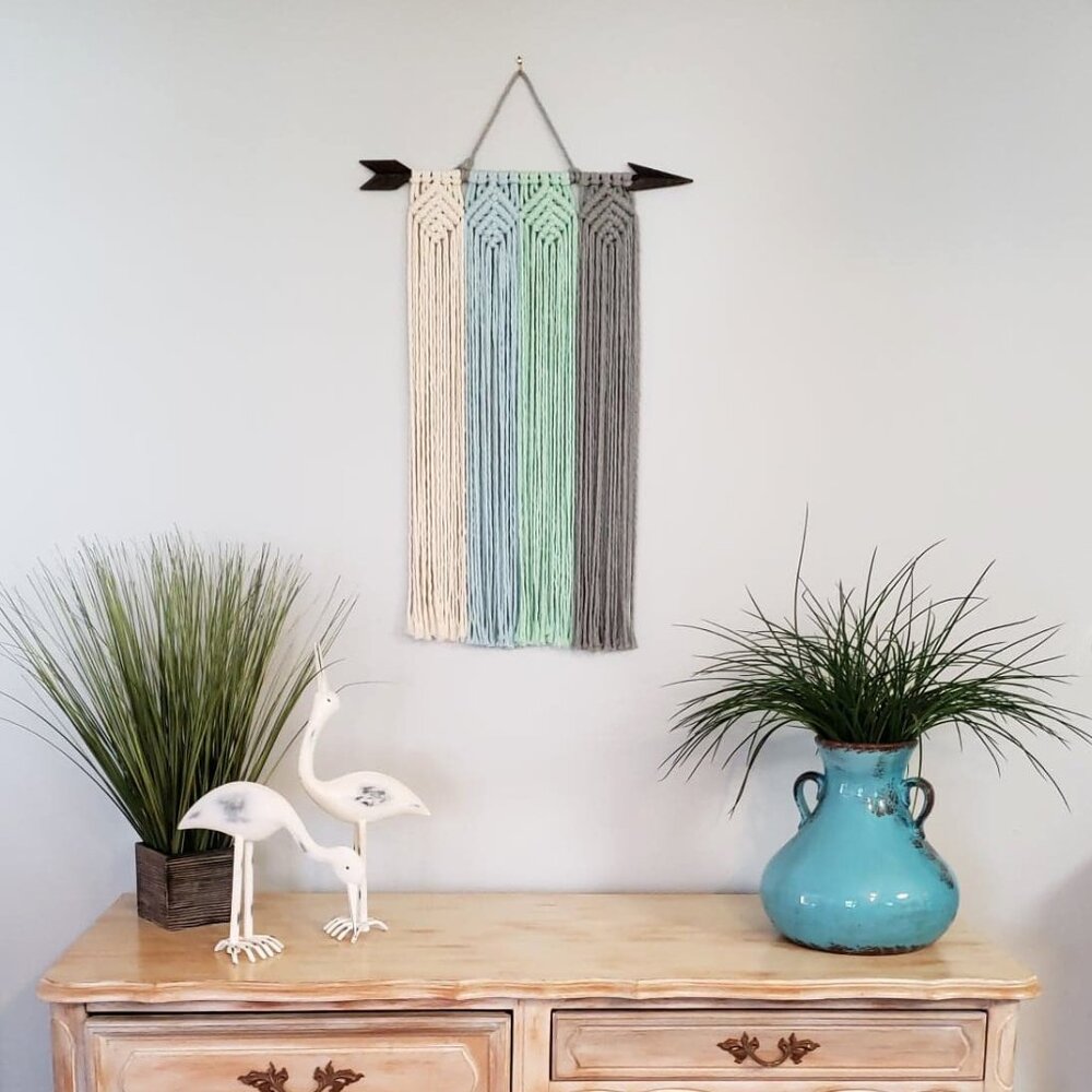 NEW! Macrame + Metal Arrow Boho Wall Hanging Home Decor | Natural Blue Aqua Gray